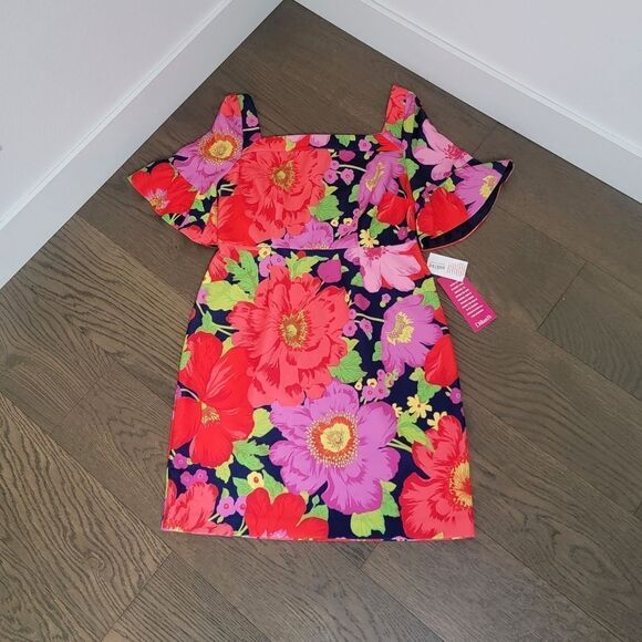 🆕️ Trina Turk Kanan Square Neck Ruffle Sleeve Shift Dress Red Pink Poppy Floral - Picture 3 of 12